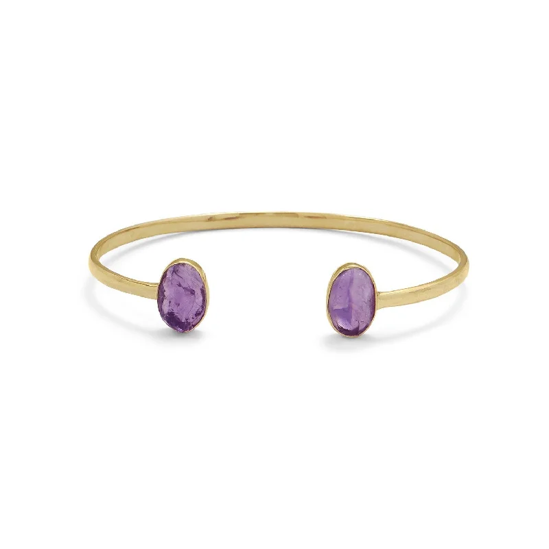 adjustable leather bracelet for men-18k Gold Amethyst Oval Open Cuff Bangle