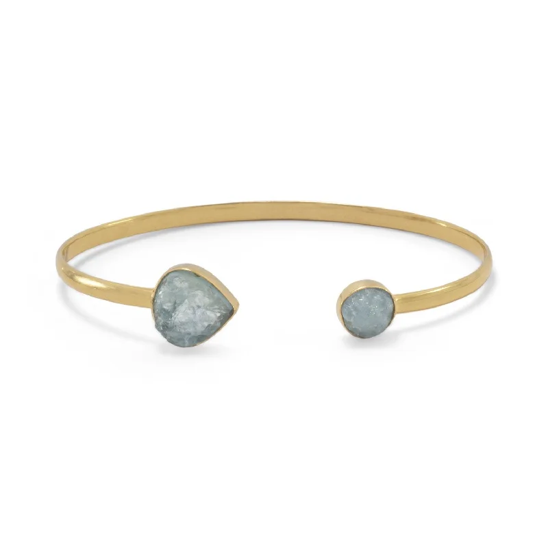 custom gold bracelet with engraving-18k Gold Aquamarine Pear & Round Open Cuff Bangle