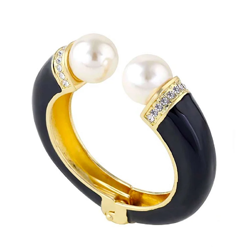 beaded bracelet for yoga practitioners-18k Gold Black Enamel Pearl Cuff Bangle