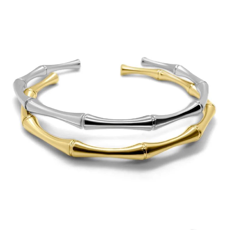 adjustable bangle bracelet for women-18k Gold & Silver Modern Open Cuff Bangle Set