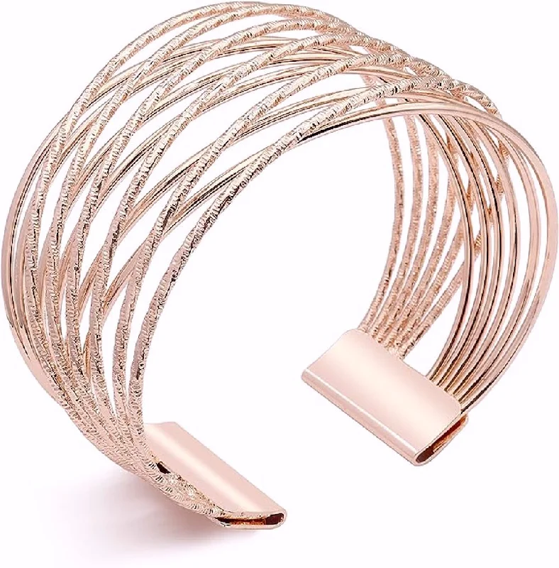 custom engraved silver bracelet for her-18K Rose Gold Criss Cross Wide Cuff Bangle