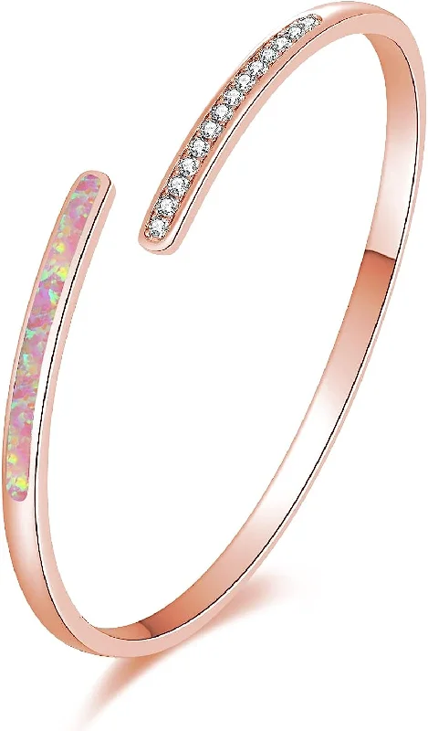 minimalist charm bracelet for women-18K Rose Gold Opal & Cz Cuff Bangle Bracelet