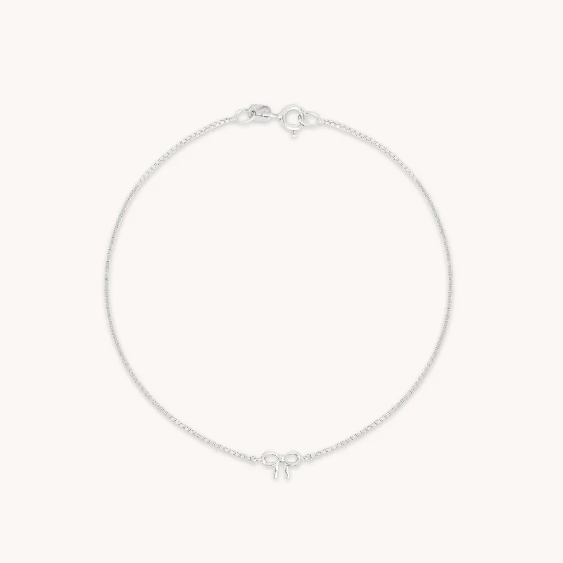 silver bangle bracelet with custom engraving-Bow Charm Bracelet in Solid White Gold