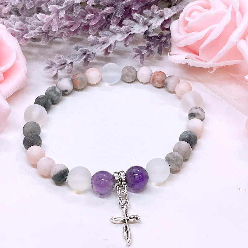 leather charm bracelet with meaningful words-Dainty Cross Companion Charm Bracelet Amethyst