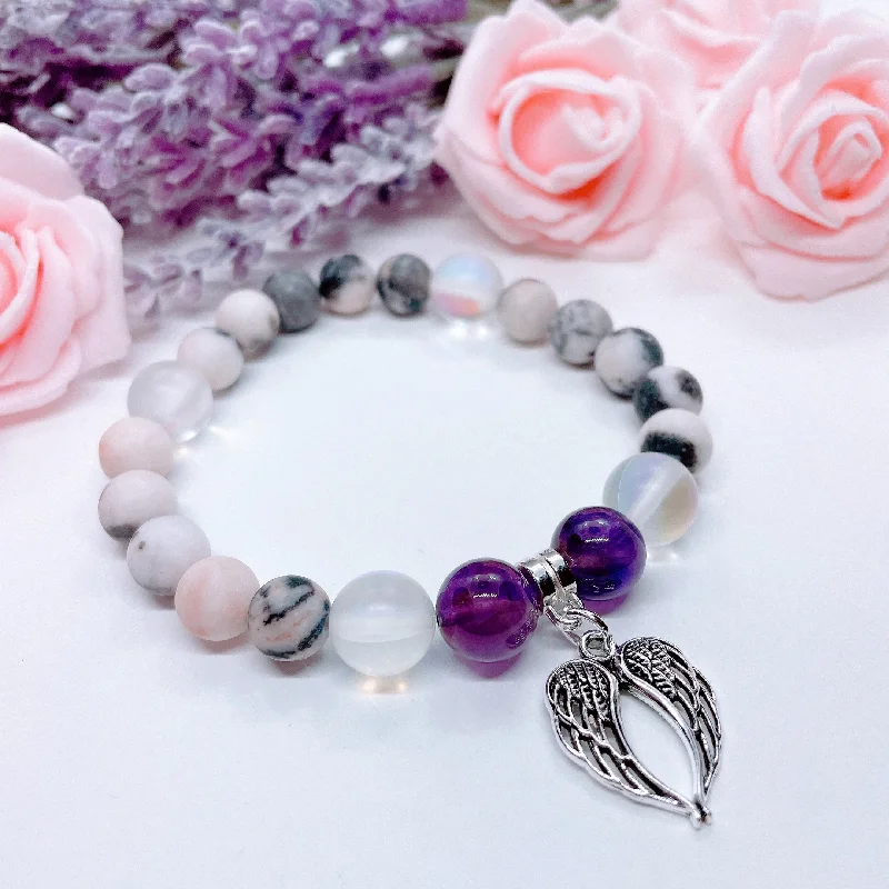 silver bracelet with moonstone-Double Angel Wing Classic Charm Bracelet Amethyst