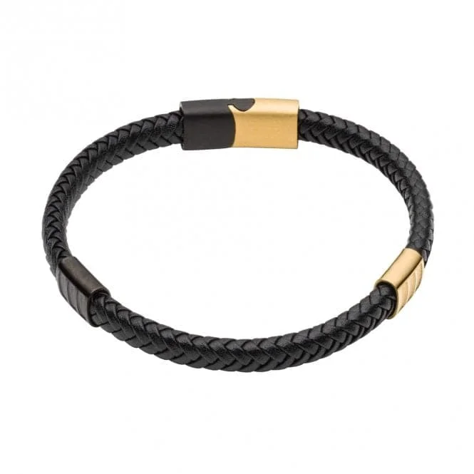 stackable beaded bracelet for women-Black Leather Black IP Yellow Gold Plated Bracelet B5409