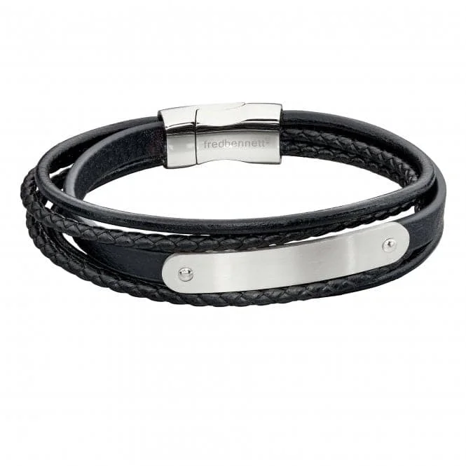 silver chain bracelet with moon charm-Mens Woven Black Leather Multi ID Bar Bracelet B5282