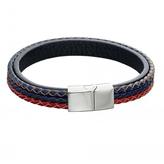 men’s leather bracelet with stainless steel clasp-Mens Woven Blue Red Grey Leather Magnetic Clasp Bracelet B5283