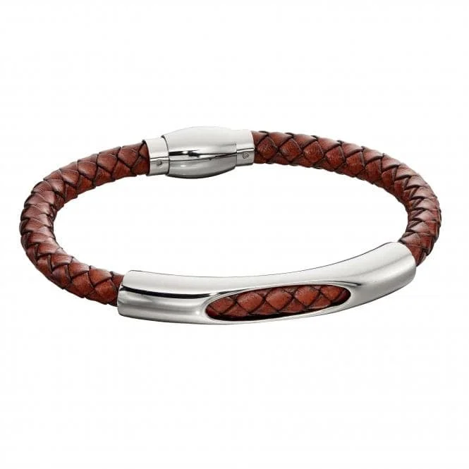 luxury tennis bracelet with diamonds-Mens Woven Brown Leather Magnetic Clasp Bracelet B5280