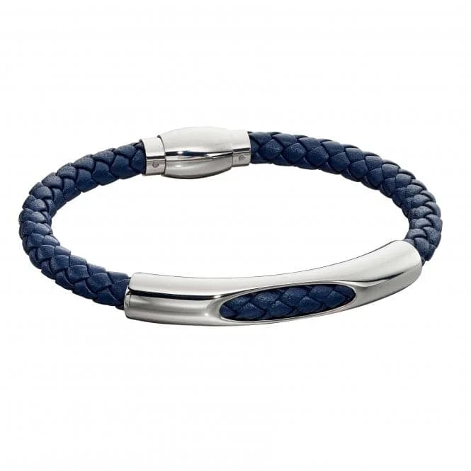 gold bracelet with floral design-Mens Woven Navy Blue Leather Magnetic Clasp Bracelet B5279