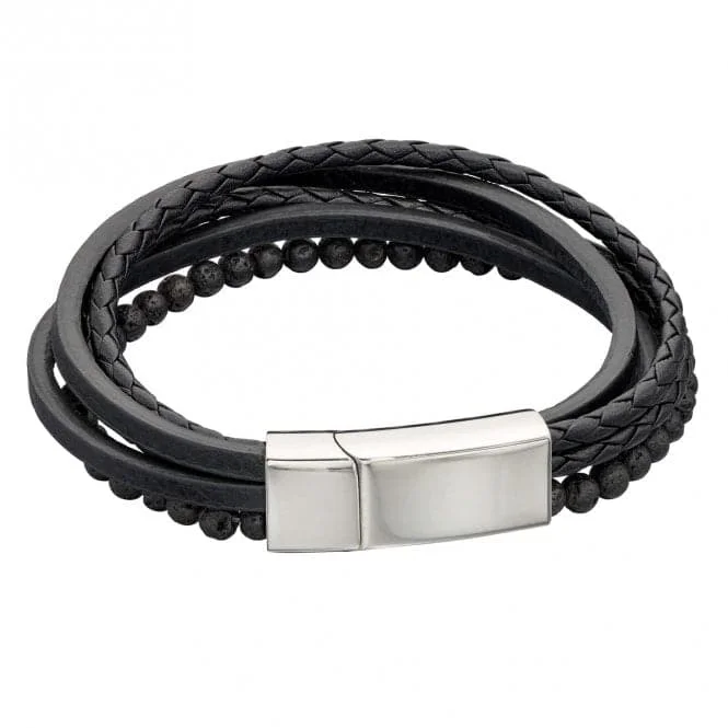 personalized leather bracelet for couples-Multi Row Black Leather Lava Beads Bracelet B5405B