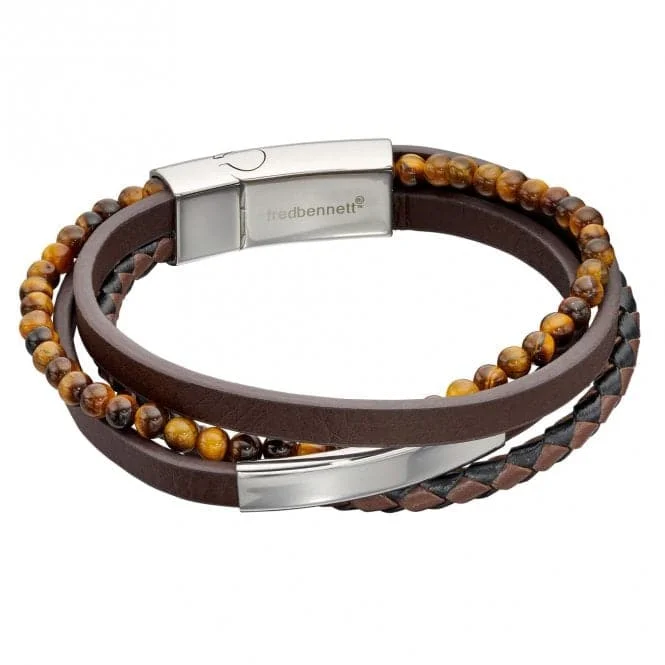 spiritual healing bracelet with amethyst-Multi Row Brown Leather ID Bar Tigers Eye Bracelet B5404Y