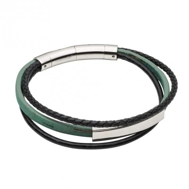 beaded charm bracelet with silver clasp-Multi Row Green Cork Black Leather Bracelet B5421