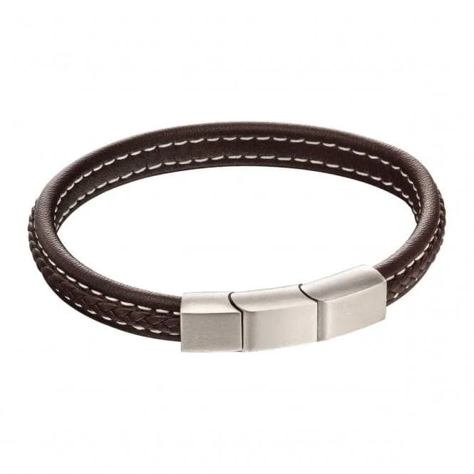 leather bracelet with cross charm for men-Plait Detail Brown Leather Brushed Finish Bracelet B5403