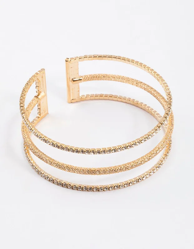 silver bracelet for anniversary gift-Gold Textured Triple Row Bangle