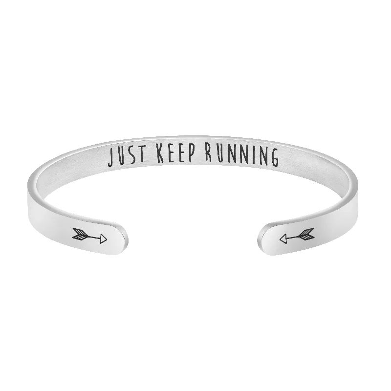 custom leather bracelet with engraved message-Just Keep Running Cuff Inspirational Gift for Runner Marathon