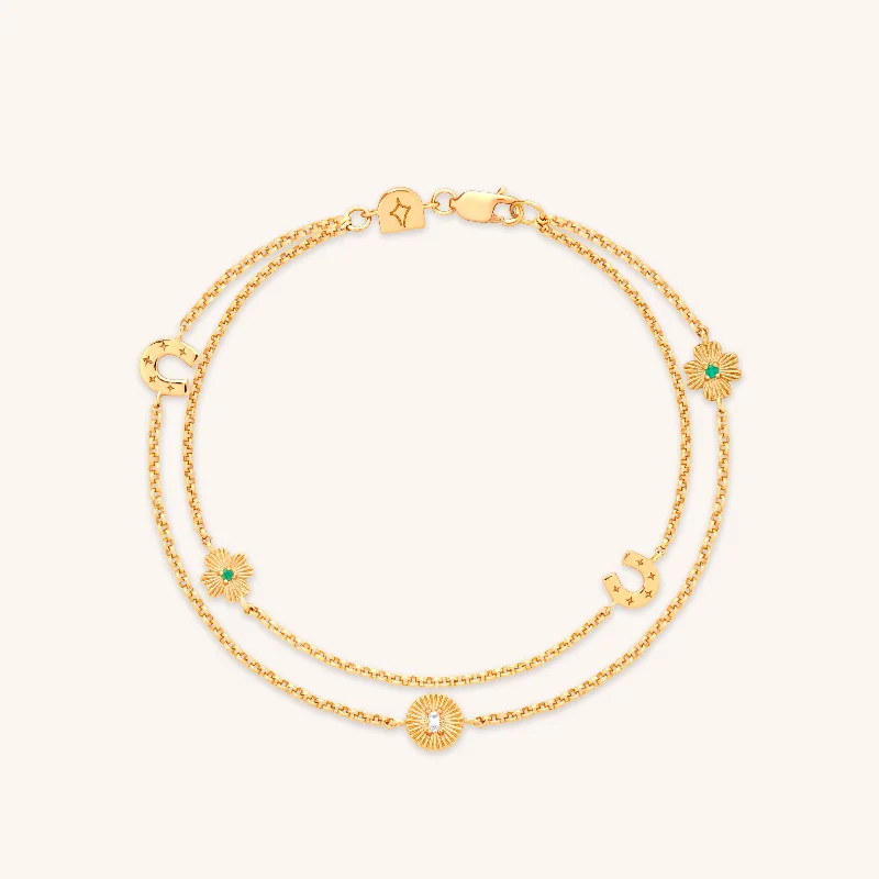 women’s bracelet with floral design-Lucky Charm Double Chain Bracelet in Gold