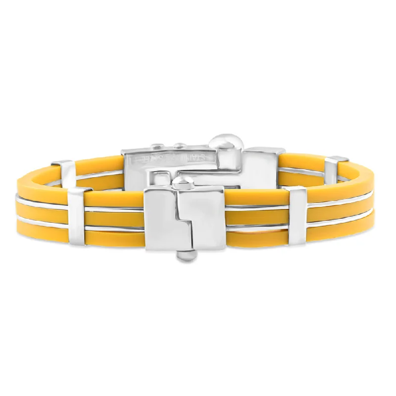 silver bangle bracelet for luxury gift-Men's Steel And Yellow Silicone Two Tone 11mm 8 " Bangle Bracelet