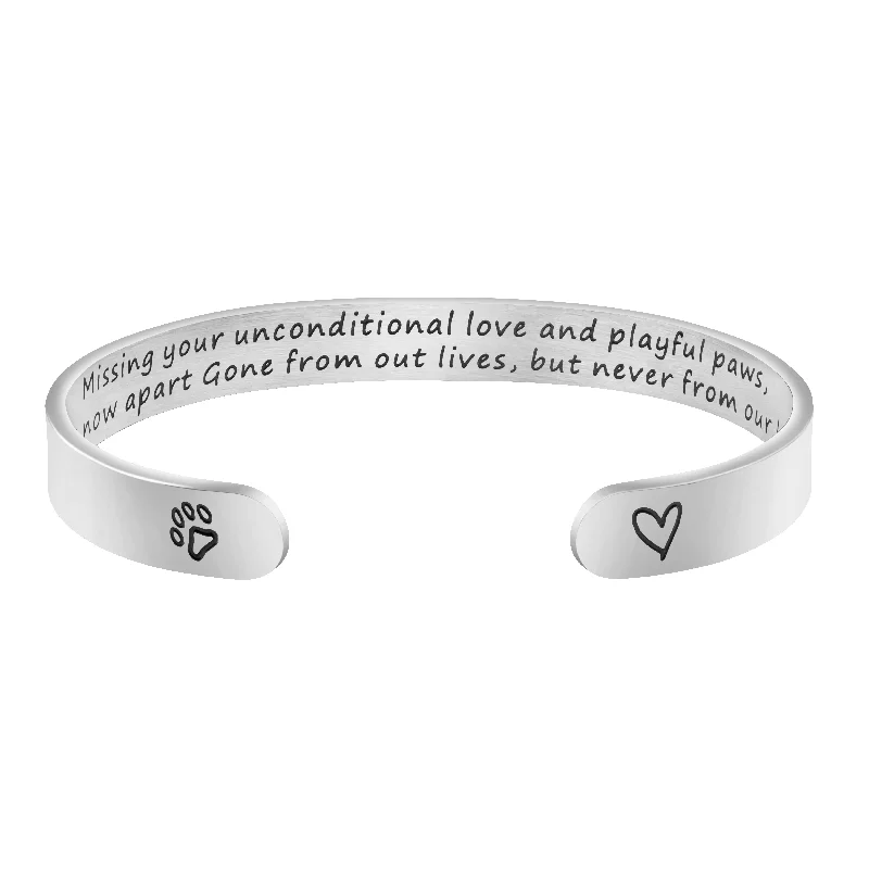 custom leather bracelet with engraved message-Missing your unconditional love and playful paws Dog Memorial Cuff