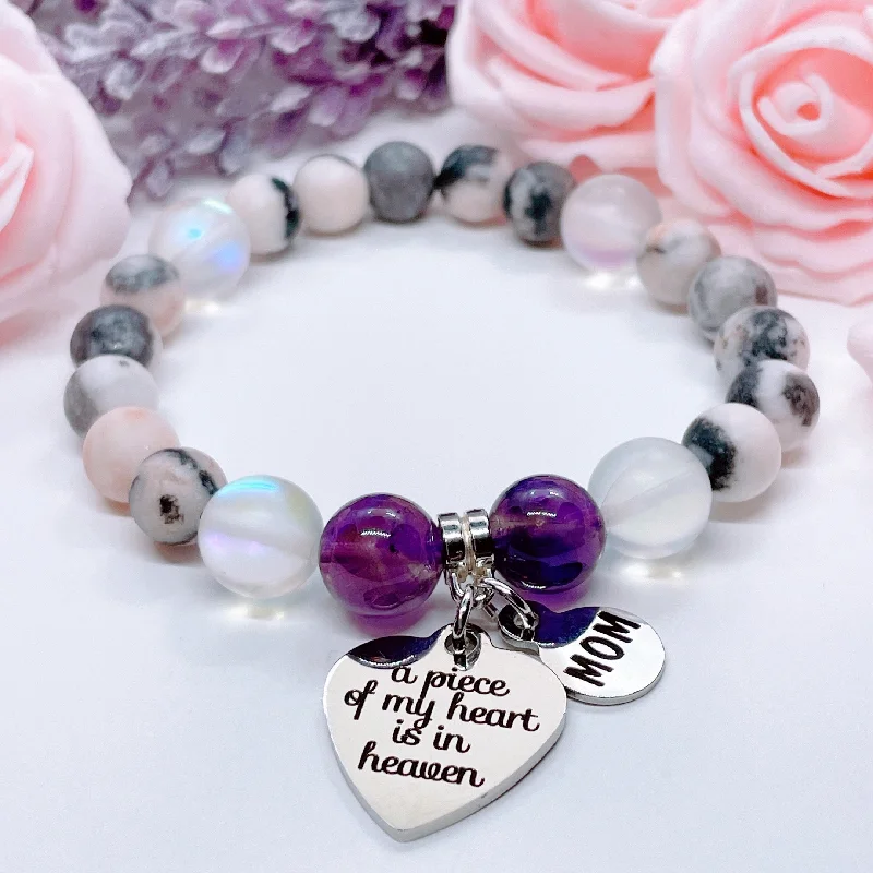 multi-layer bracelet with silver charms-Mom: A Piece of my Heart is in Heaven Heart Classic Charm Bracelet Amethyst