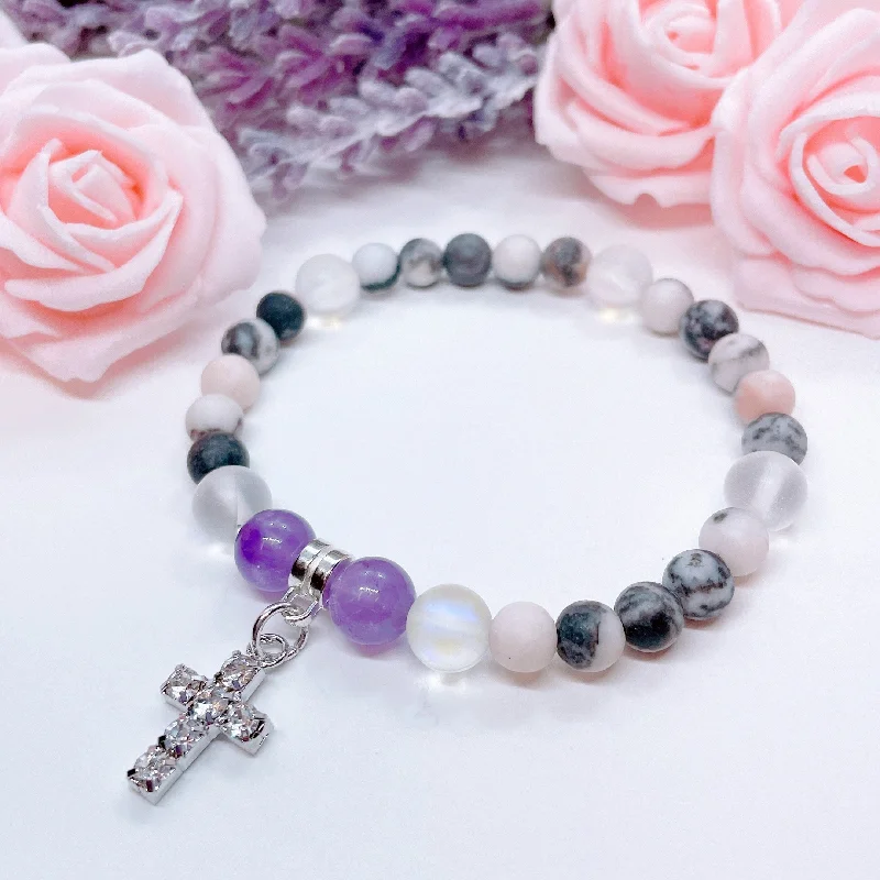 custom engraved bangle bracelet-Rhinestone Cross Companion Charm Bracelet Amethyst