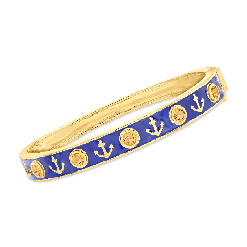 bracelet with motivational word charm-Ross-Simons Citrine and Blue Enamel Anchor Bangle Bracelet in 18kt Gold Over Sterling