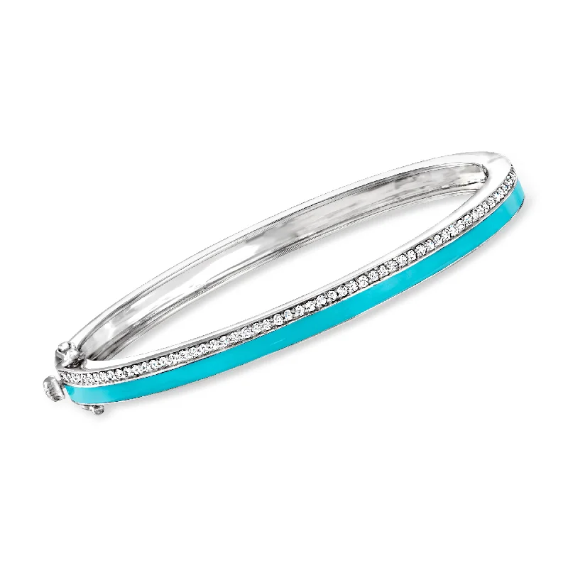 gold bracelet with crystal heart charm-Ross-Simons Diamond and Turquoise Enamel Bangle Bracelet in Sterling Silver