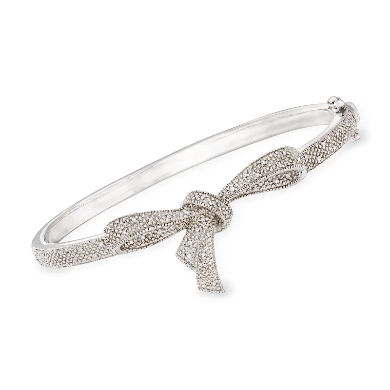 men’s bracelet with engraved coordinates-Ross-Simons Diamond Bow Bangle Bracelet in Sterling Silver