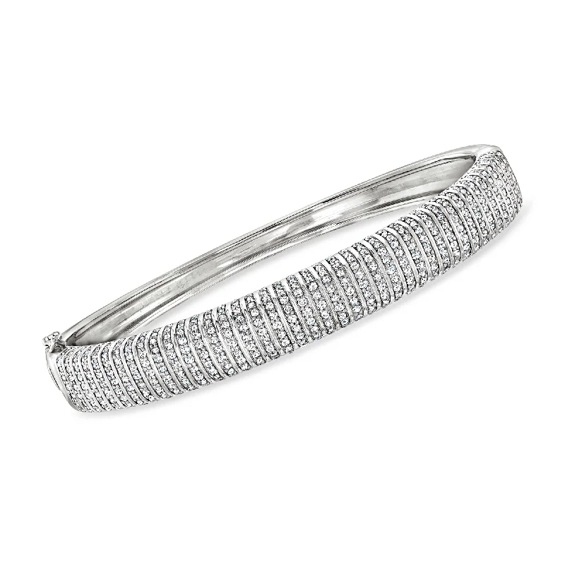 bracelet for anniversary with engraved message-Ross-Simons Diamond Striped Bangle Bracelet in Sterling Silver