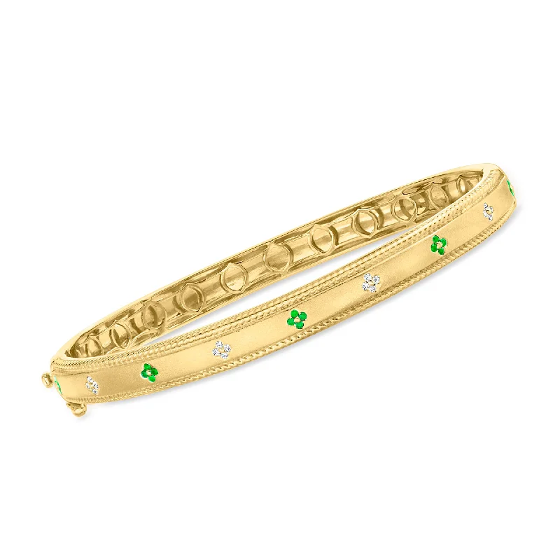 adjustable silver bracelet for men-Ross-Simons Emerald Flower Bangle Bracelet With Diamond Accents in 18kt Gold Over Sterling