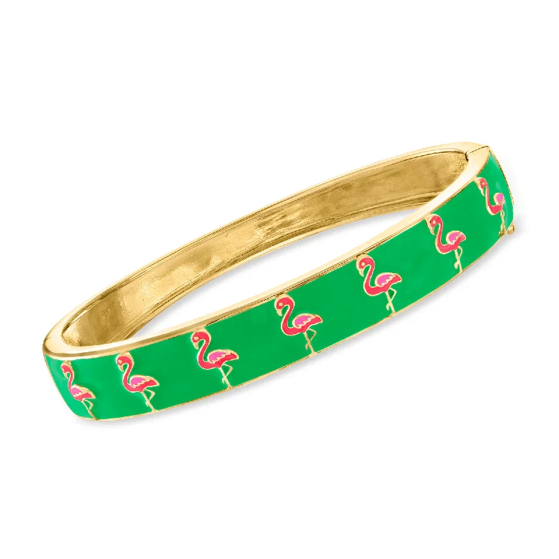 adjustable bracelet with unique design-Ross-Simons Green and Pink Enamel Flamingo Bangle Bracelet in 18kt Gold Over Sterling