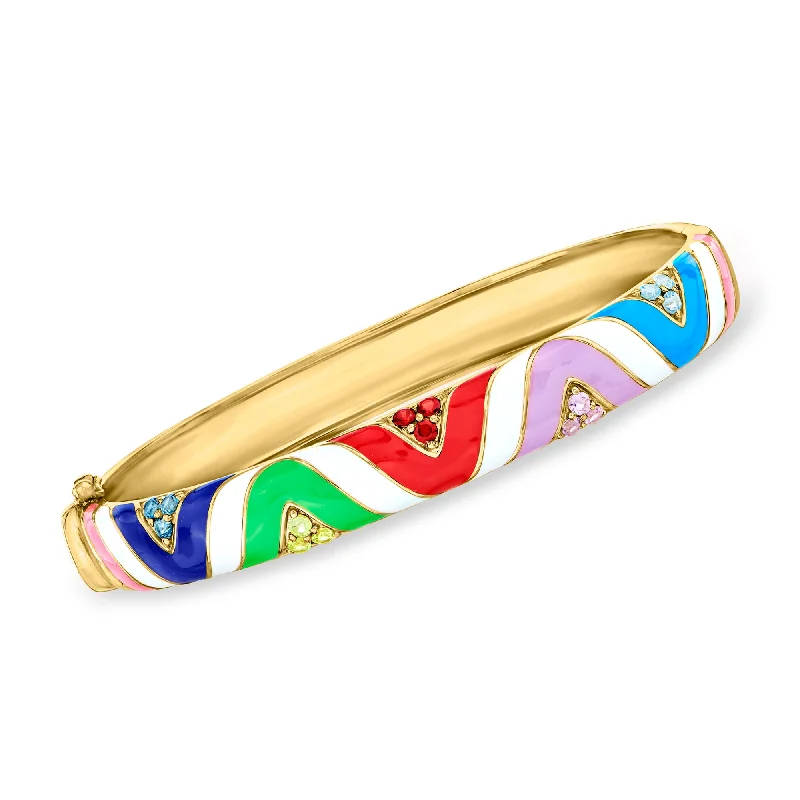 men’s adjustable bracelet with metal plate-Ross-Simons Multi-Gemstone and Multicolored Enamel Bangle Bracelet in 18kt Gold Over Sterling