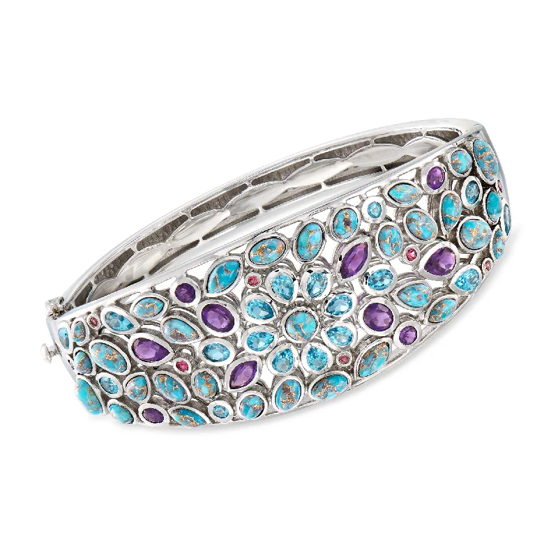 silver bracelet with tree of life charm-Ross-Simons Multi-Gemstone and Turquoise Bangle Bracelet in Sterling Silver