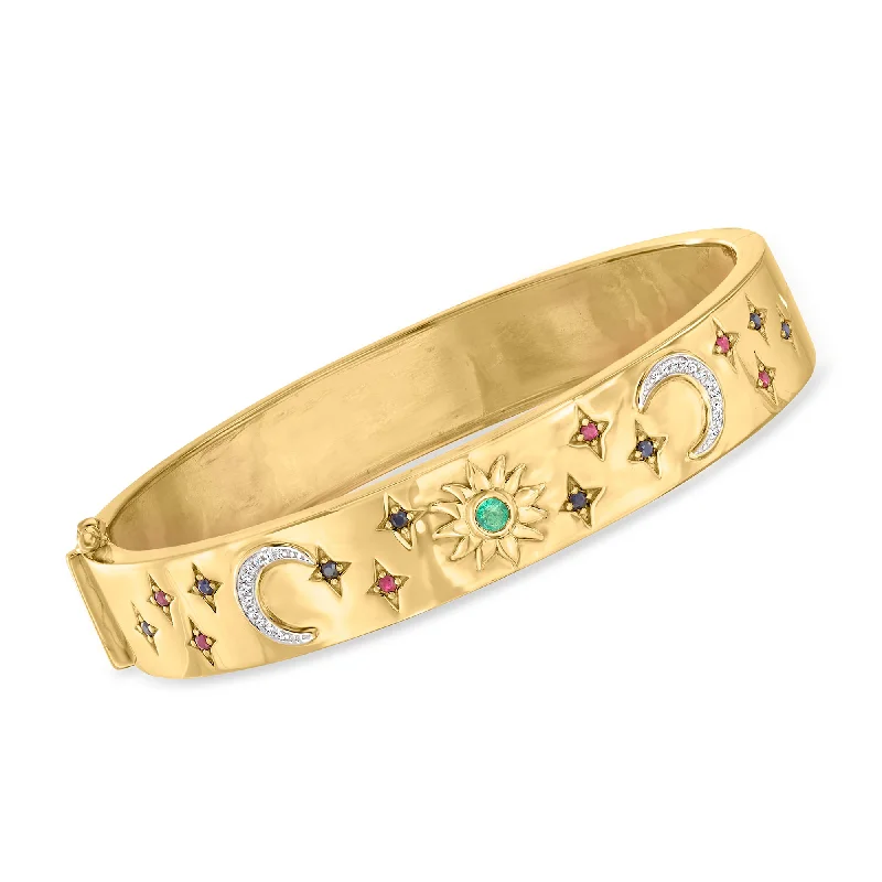 adjustable gold bracelet with charms-Ross-Simons Multi-Gemstone Celestial Bangle Bracelet With Diamond Accents in 18kt Gold Over Sterling