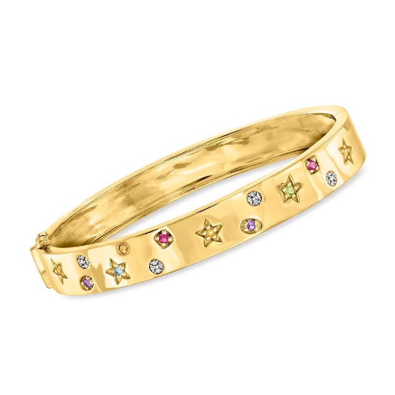 luxury gold bracelet for wedding-Ross-Simons Multi-Gemstone Star Bangle Bracelet With Diamond Accents in 18kt Gold Over Sterling