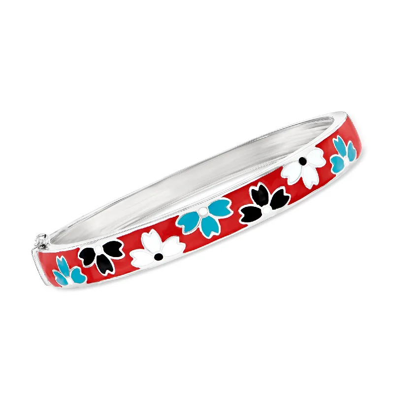 handmade bracelet with wooden beads-Ross-Simons Multicolored Enamel Floral Bangle Bracelet in Sterling Silver