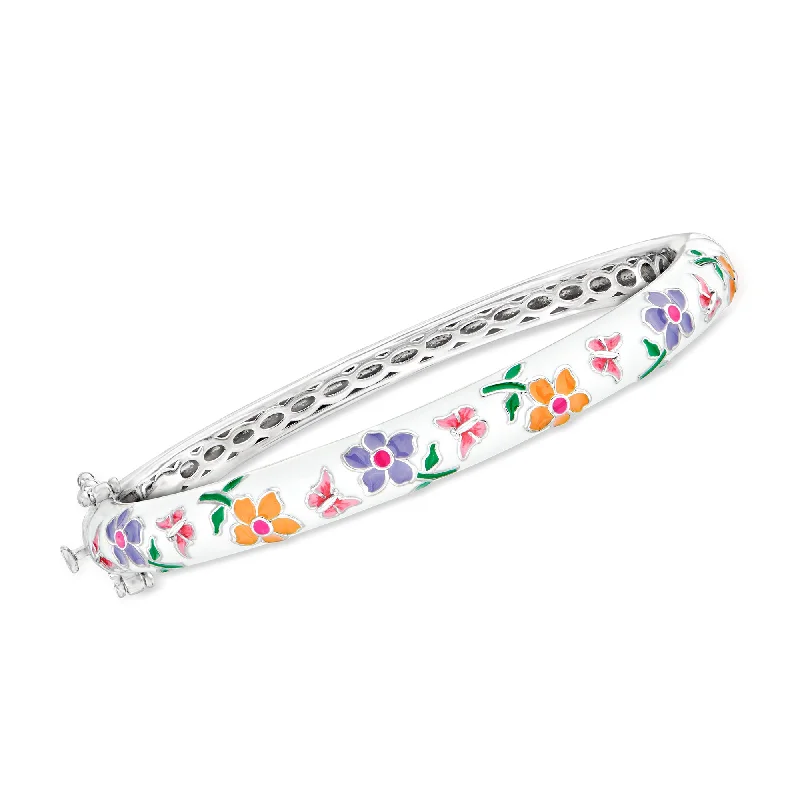 silver cuff bracelet with engraving for men-Ross-Simons Multicolored Enamel Flower Bangle Bracelet in Sterling Silver