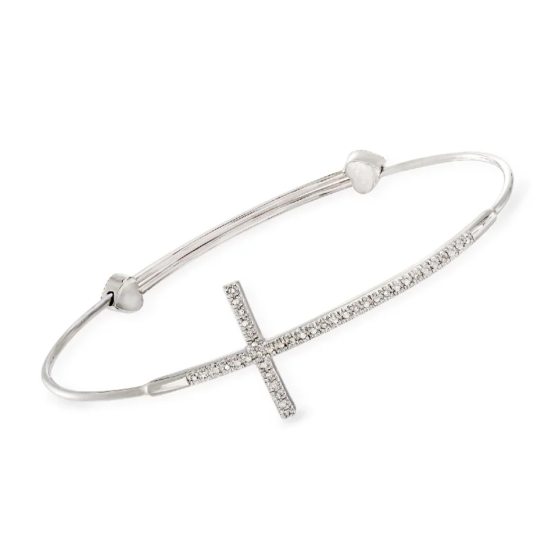 silver bracelet with inspirational quote-Ross-Simons Sterling Silver Sideways Cross Bangle Bracelet With Diamond Accents