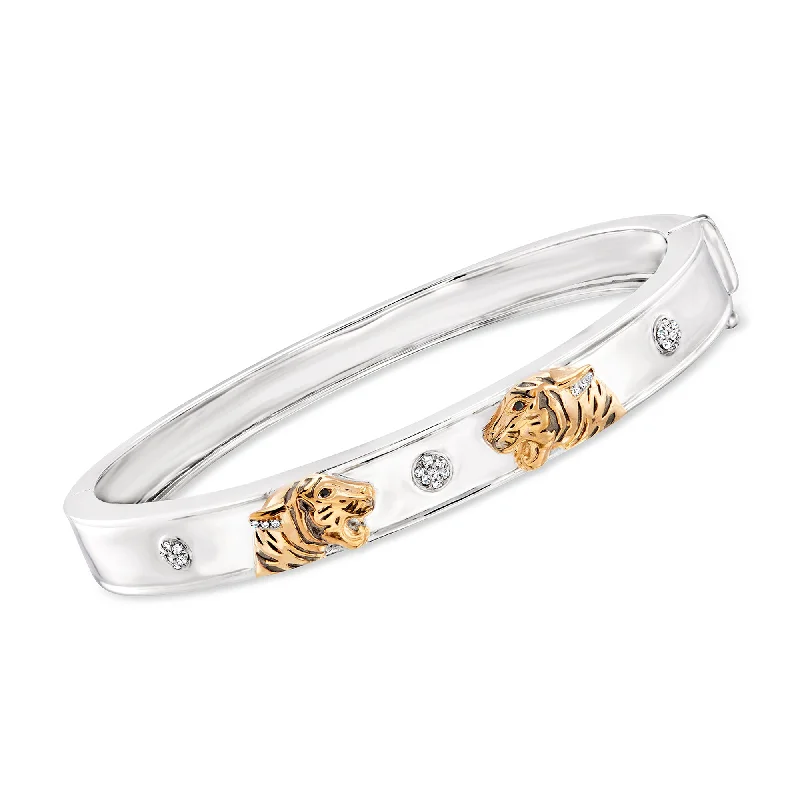 leather bracelet with engraved date-Ross-Simons White and Black Diamond Tiger Bangle Bracelet in 2-Tone Sterling Silver