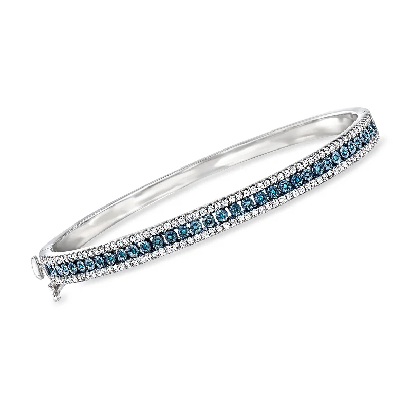 bracelet with engraved family name-Ross-Simons White and Blue Diamond Bangle Bracelet in Sterling Silver