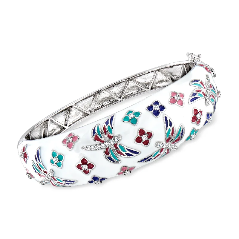 gold bracelet with dragon charm-Ross-Simons White Zircon and Multicolored Enamel Floral Butterfly Bangle Bracelet in Sterling Silver. 7 inches