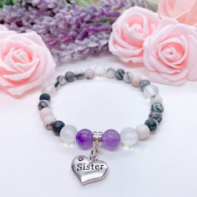 minimalist bracelet with engraved message-Sister Heart Companion Charm Bracelet Amethyst