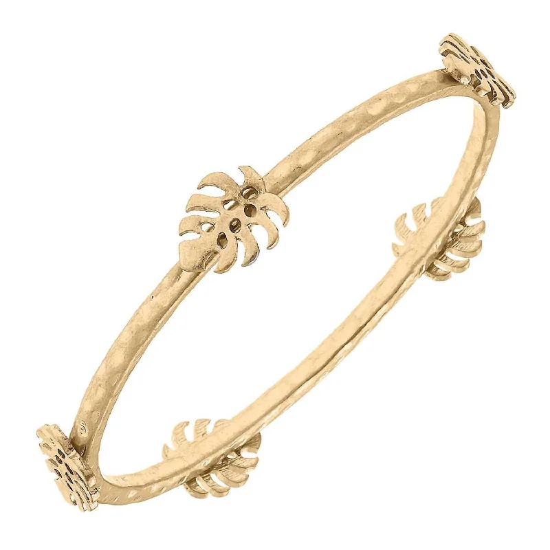 men’s bracelet with engraved coordinates-Women's Monstera Leaf Bangle In Worn Gold