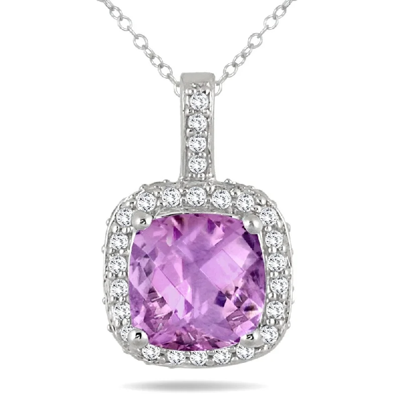 personalized pendant for women -1 1/2 Carat Cushion Amethyst and Diamond Halo Pendant in 10K White Gold