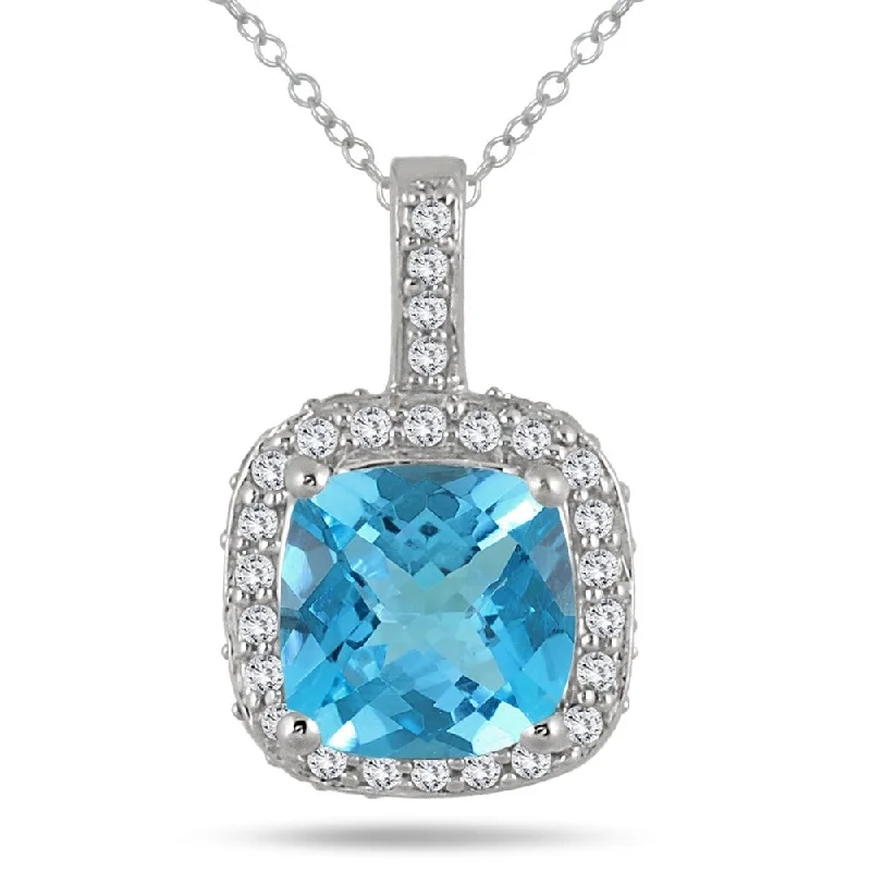 long silver pendant necklace -1 1/2 Carat Cushion Blue Topaz and Diamond Halo Pendant in 10K White Gold