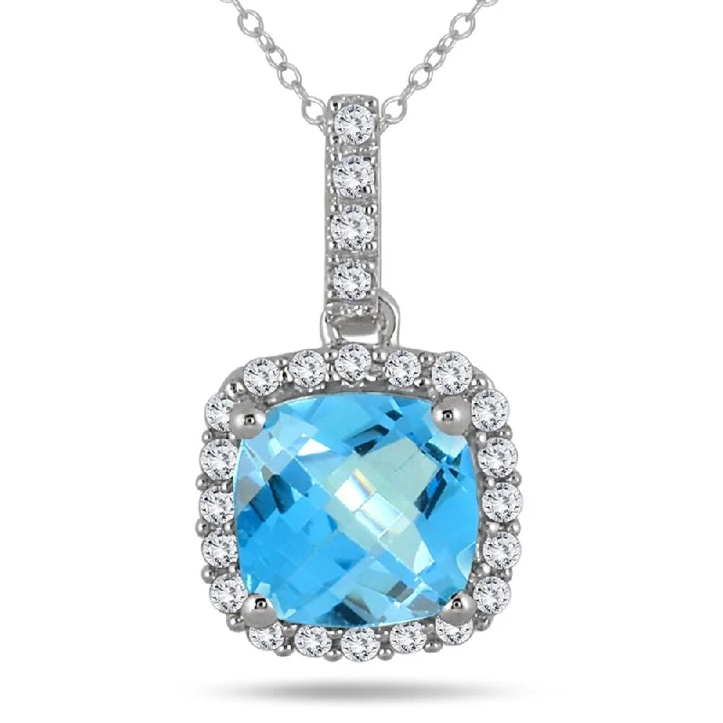 layered gold pendant necklace -1 3/4 Carat Cushion Blue Topaz and Diamond Halo Pendant in 10K White Gold