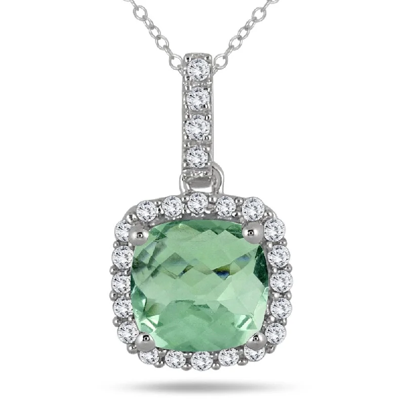 moon pendant necklace silver -1 3/4 Carat Cushion Green Amethyst and Diamond Halo Pendant in 10K White Gold