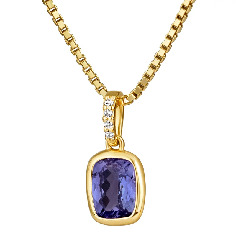 gold choker with pendant -Cushion Cut Tanzanite and Diamond Pendant Necklace 14K Yellow Gold 1.50 Carats