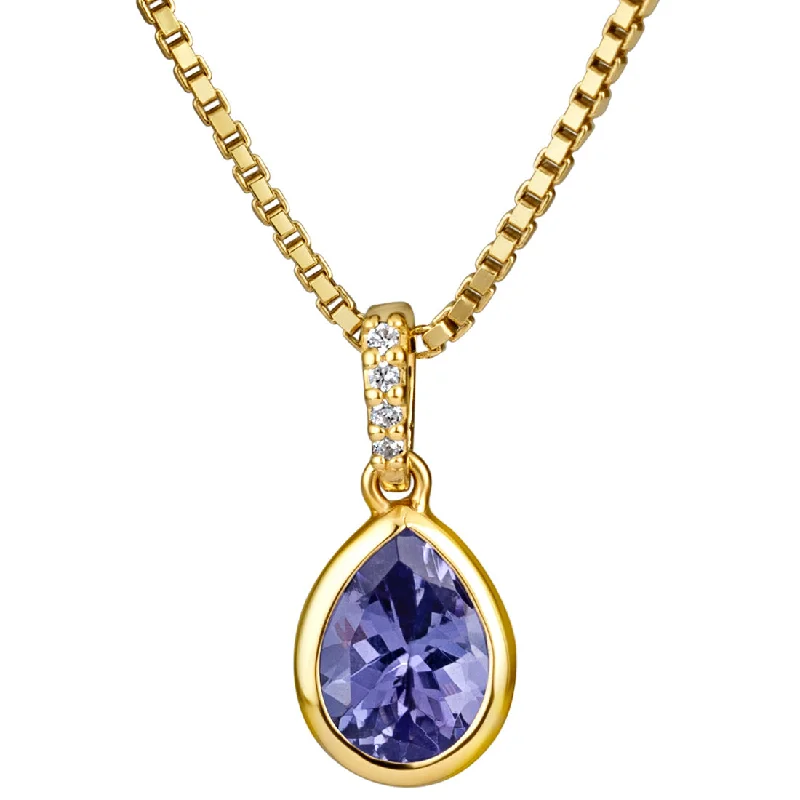 crystal heart necklace silver -Pear Shape Tanzanite and Diamond Teardrop Pendant Necklace 14K Yellow Gold 1.75 Carats