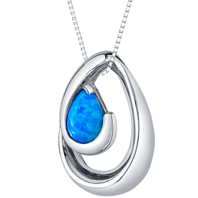 bohemian style pendant necklace -1 ct Created Blue Opal Pendant Necklace in Sterling Silver